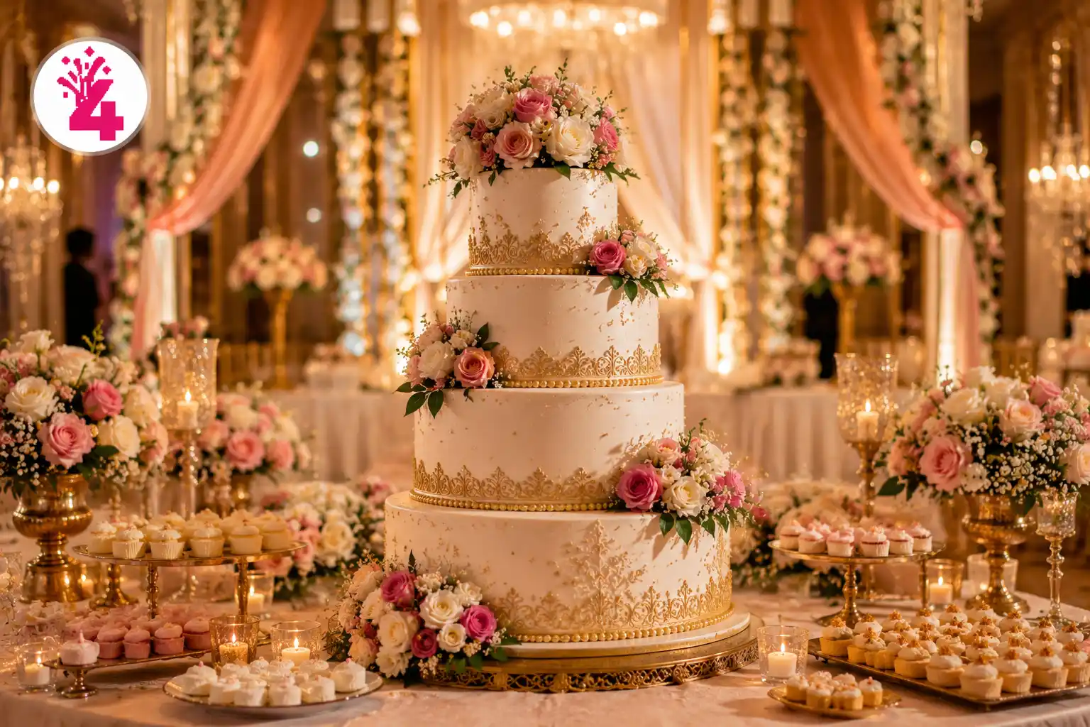 wedding cake on a decorated dessert