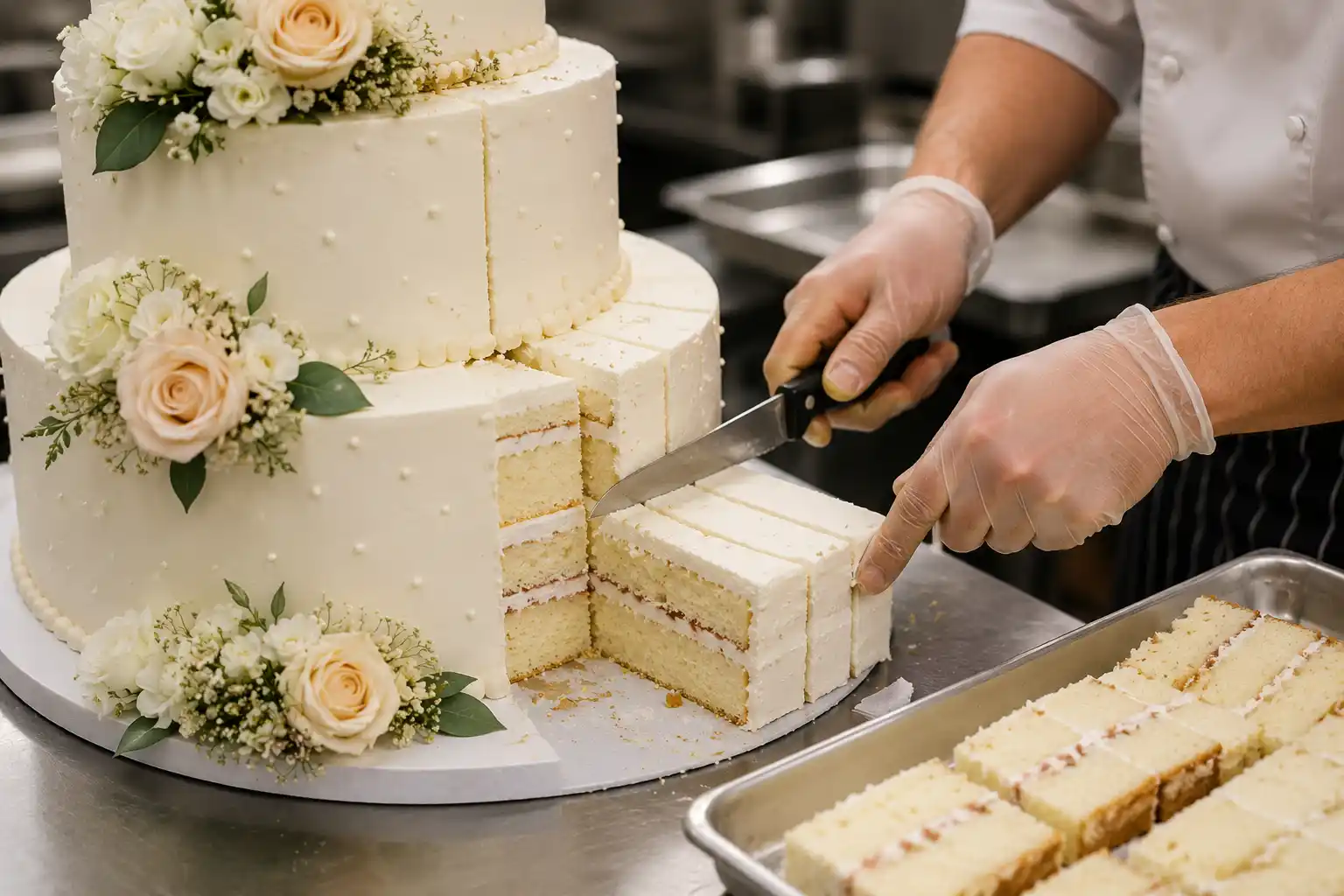 Close-up of a baker cutting a wedding cake