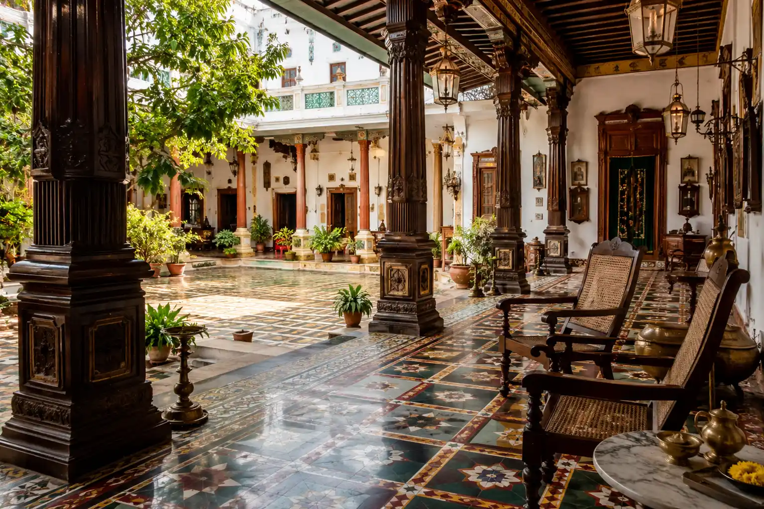Historic heritage mansion courtyard in Chettinad with carved teak pillars and traditional tiles, perfect for a slow-paced cultural honeymoon.