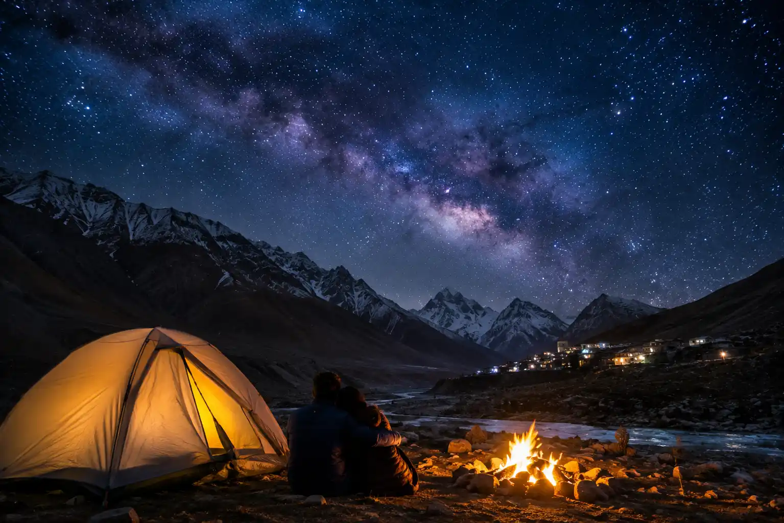 Romantic stargazing and camping setup under the Milky Way galaxy night sky in Spiti Valley, Himachal Pradesh.