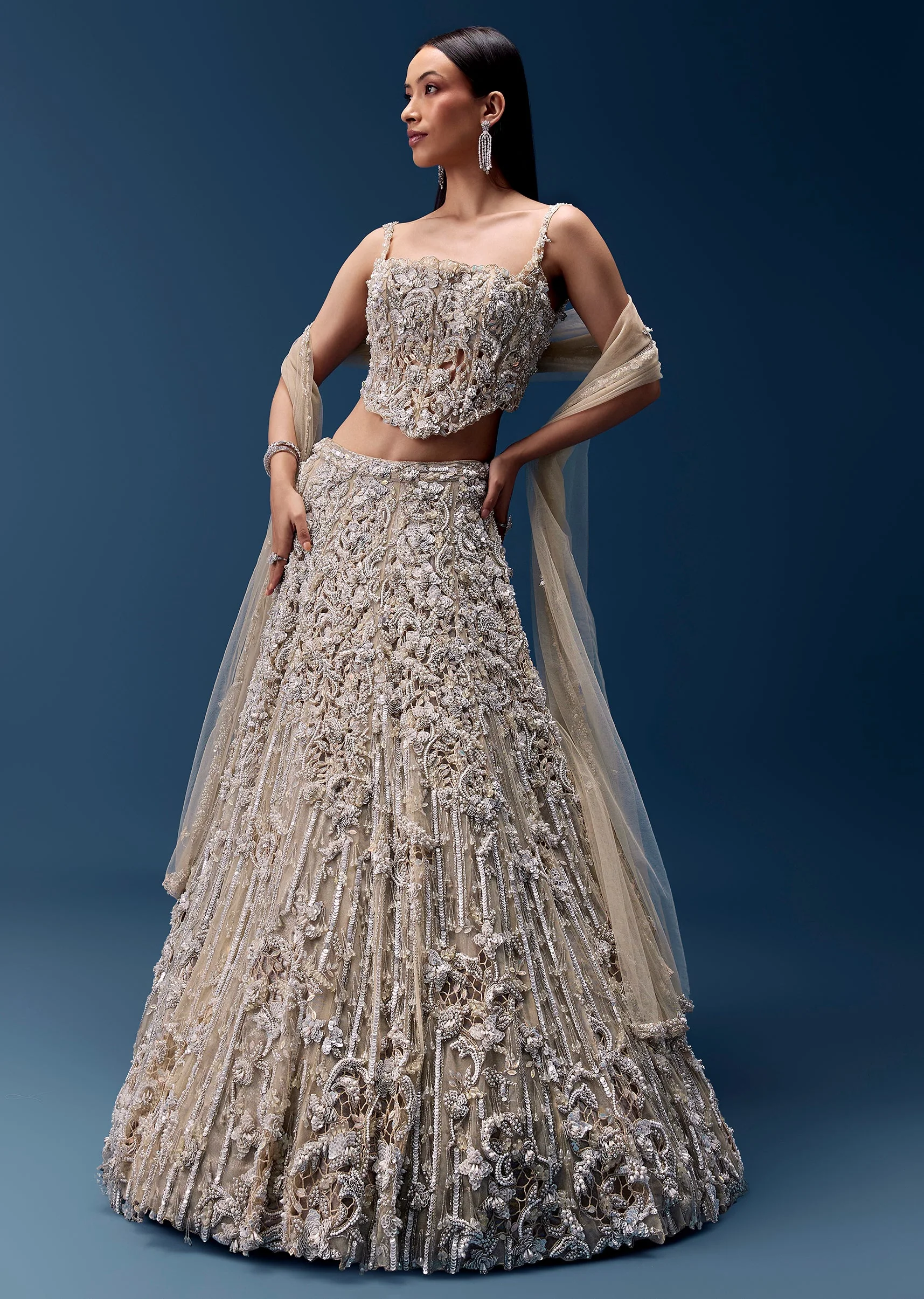 lehenga styled with a draped dupatta