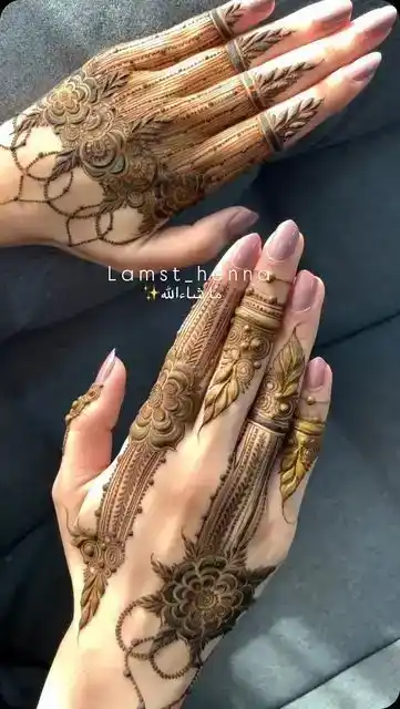 close-up of a finished hand with Arabic or khafif mehndi, warm natural light