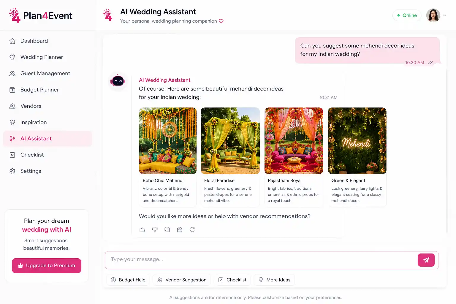 Screenshot of AI wedding chatbot